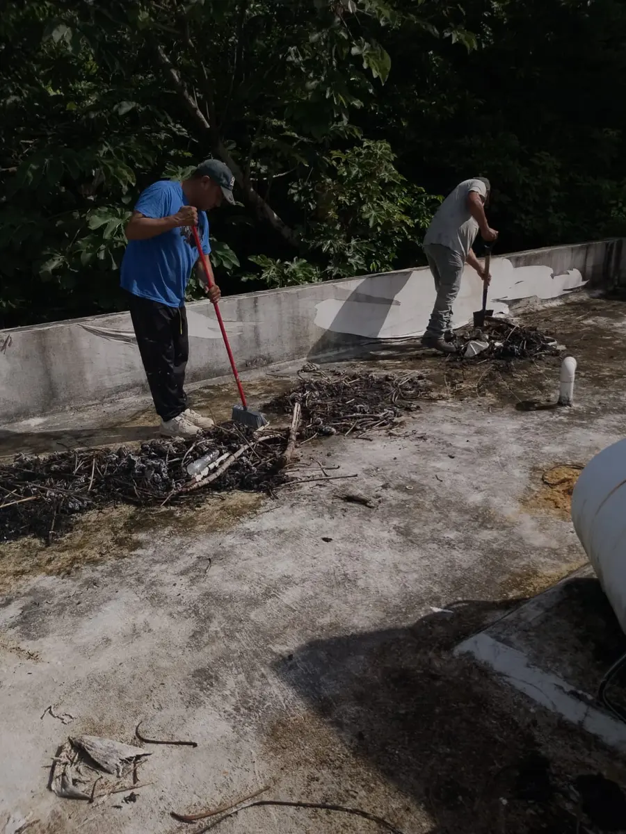 Cuadrilla retirando escombros y hojas de una azotea antes de impermeabilizar